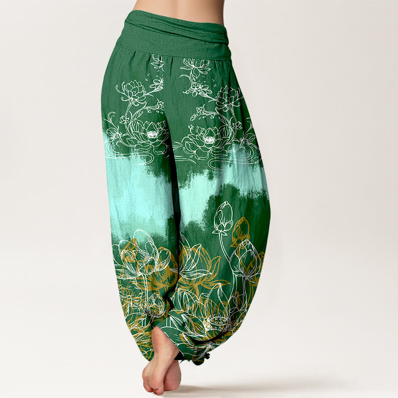 Buddha Stones Cotton Colorful Lotus Pattern Women's Elastic Waist Harem Pants - image 1