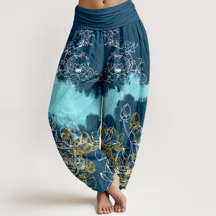 Buddha Stones Cotton Colorful Lotus Pattern Women's Elastic Waist Harem Pants - SteelBlue - US16，UK/AU20，EU48 (3XL) - image 8