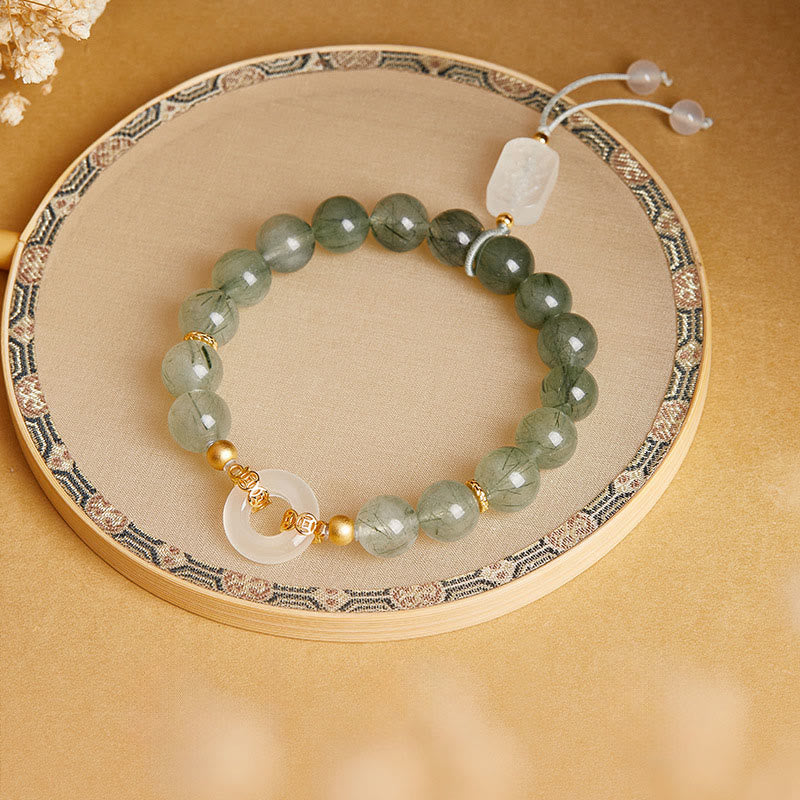 Buddha Stones 925 Sterling Silver Green Rutilated Quartz White Chalcedony Peace Buckle Courage Bracelet - image 1