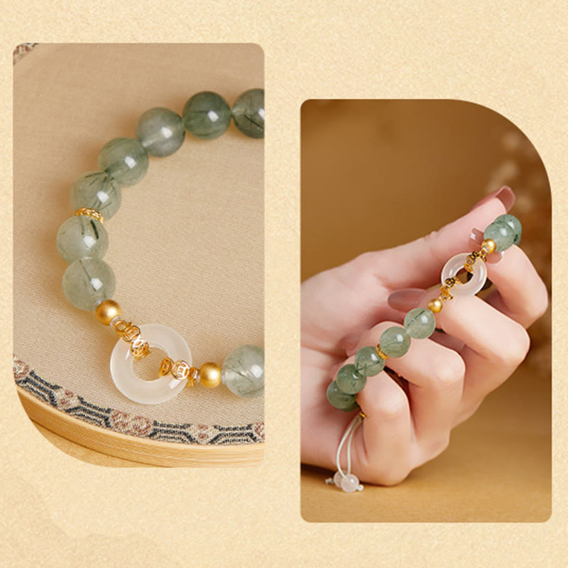 Buddha Stones 925 Sterling Silver Green Rutilated Quartz White Chalcedony Peace Buckle Courage Bracelet - image 8