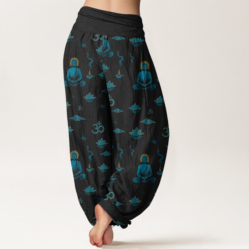Buddha Stones Cotton Om Symbol Lotus Cloud Buddha Pattern Women's Elastic Waist Harem Pants - image 1
