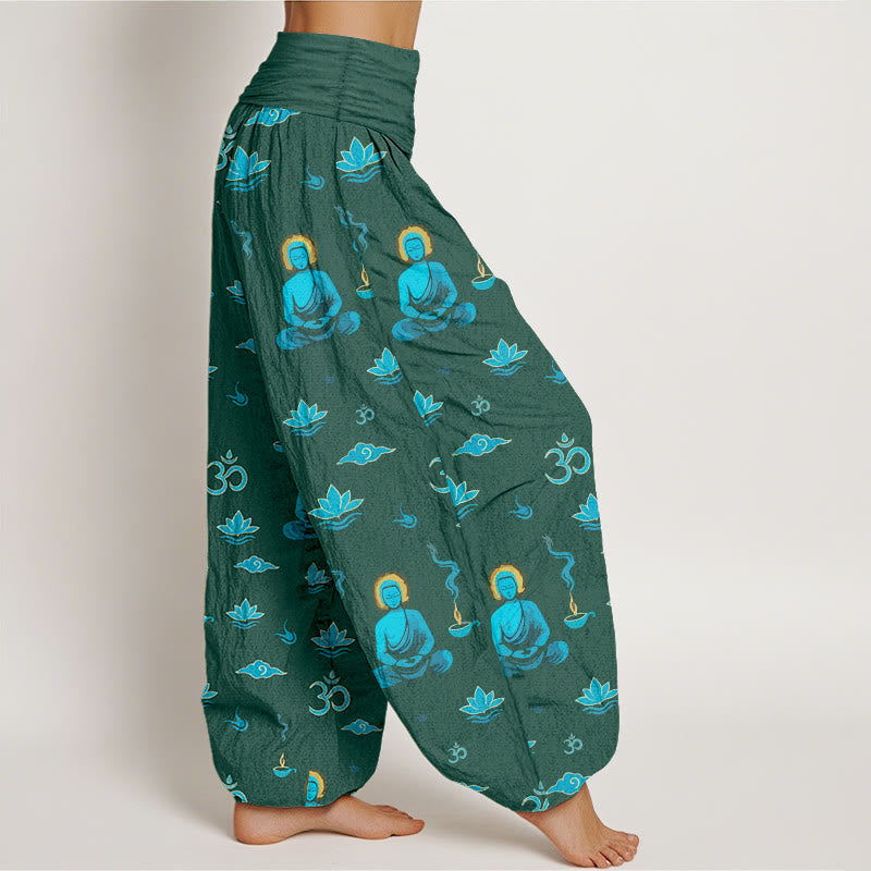 Buddha Stones Cotton Om Symbol Lotus Cloud Buddha Pattern Women's Elastic Waist Harem Pants - image 7