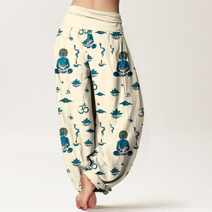 Buddha Stones Cotton Om Symbol Lotus Cloud Buddha Pattern Women's Elastic Waist Harem Pants - image 9