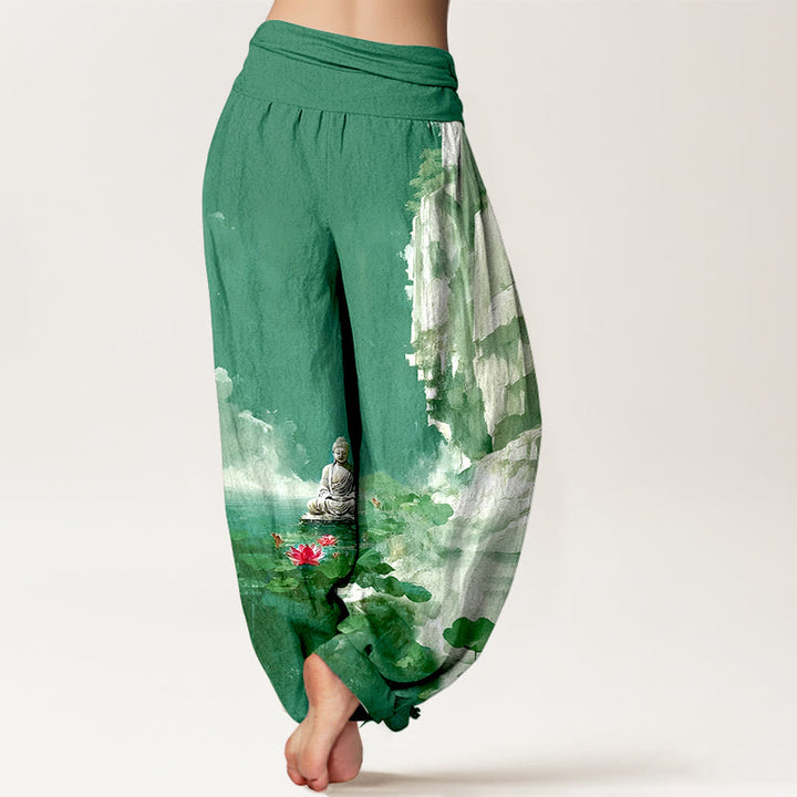 Buddha Stones Cotton Lotus Flower Leaf Rocks Water Surface Cloud Buddha Pattern Women's Elastic Waist Harem Pants - image 6