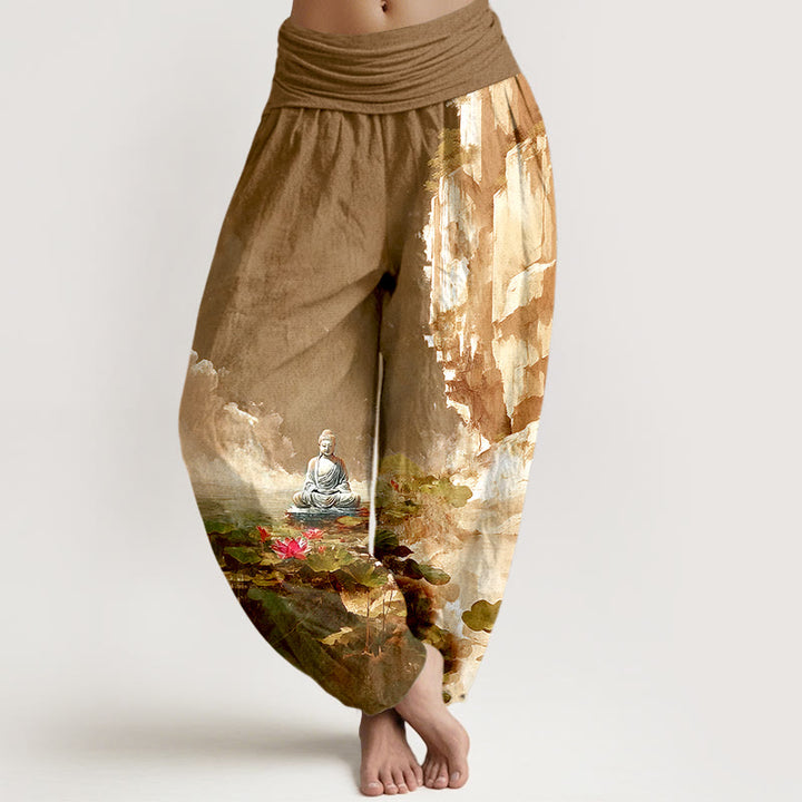 Buddha Stones Cotton Lotus Flower Leaf Rocks Water Surface Cloud Buddha Pattern Women's Elastic Waist Harem Pants - DarkGoldenrod - US16，UK/AU20，EU48 (3XL) - image 8