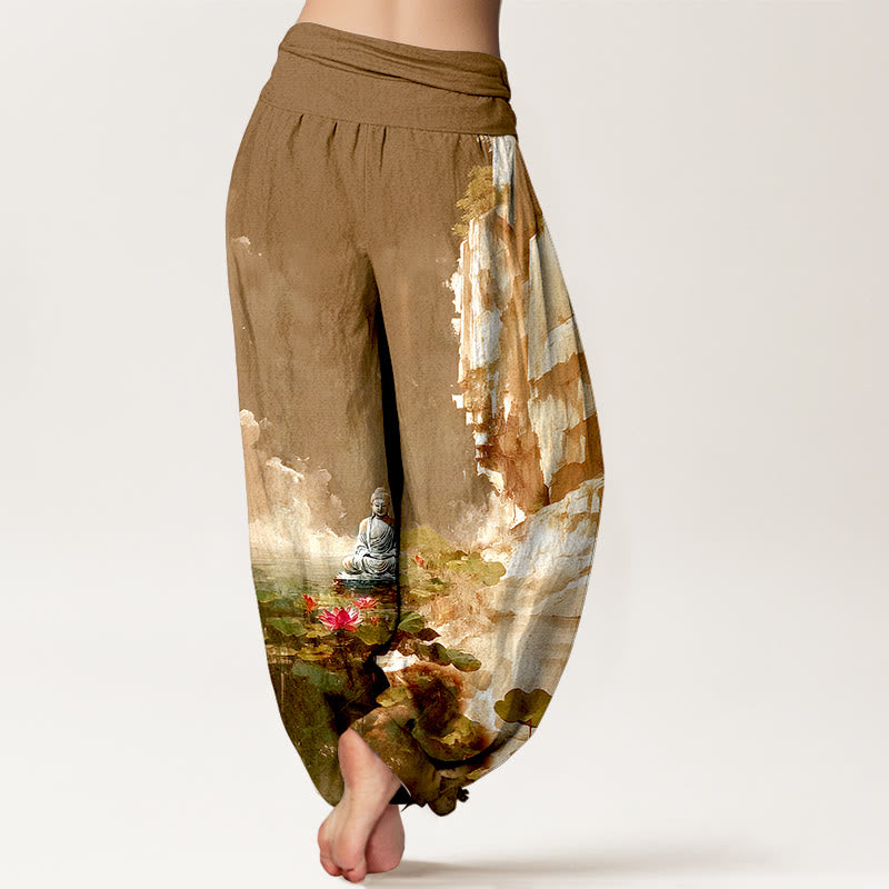 Buddha Stones Cotton Lotus Flower Leaf Rocks Water Surface Cloud Buddha Pattern Women's Elastic Waist Harem Pants - image 9