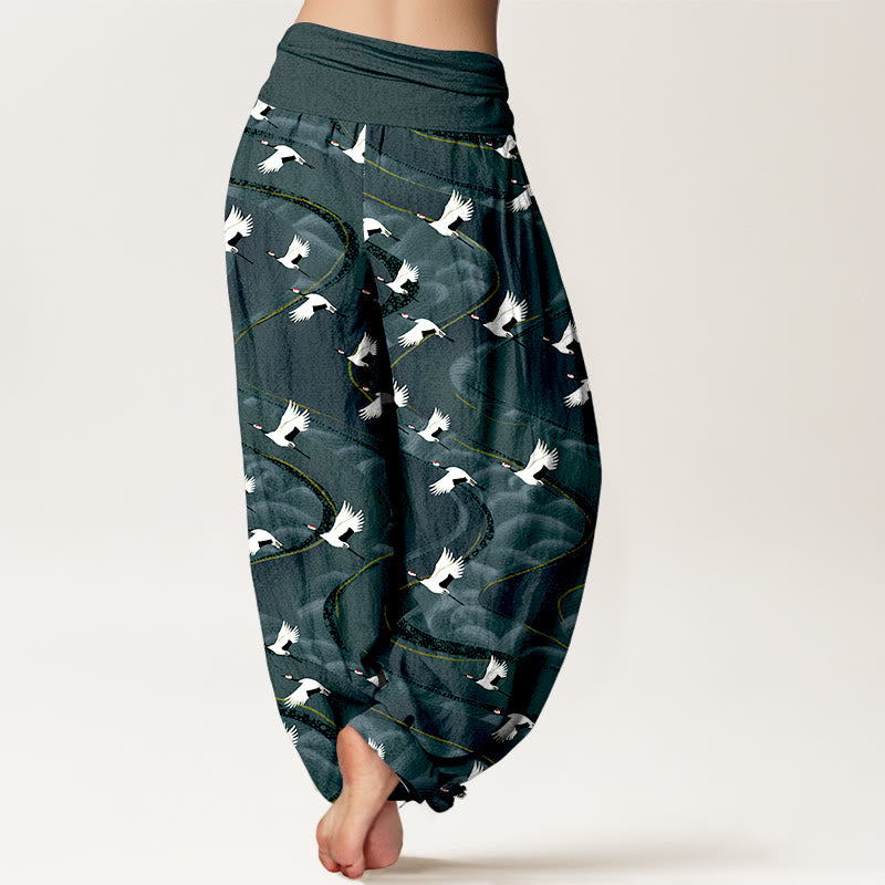 Buddha Stones Cotton Elegant Cranes Winding Lines Pattern Women's Elastic Waist Harem Pants - image 1
