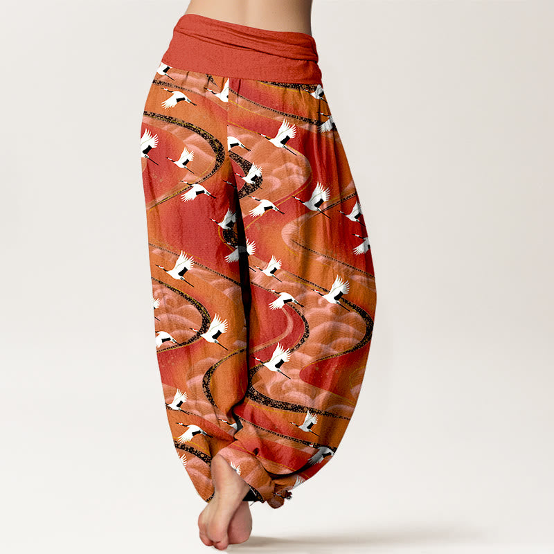 Buddha Stones Cotton Elegant Cranes Winding Lines Pattern Women's Elastic Waist Harem Pants - image 6