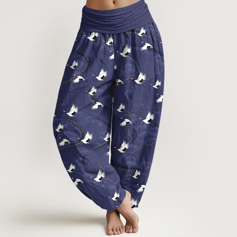Buddha Stones Cotton Elegant Cranes Winding Lines Pattern Women's Elastic Waist Harem Pants - DarkSlateBlue - US16，UK/AU20，EU48 (3XL) - image 8