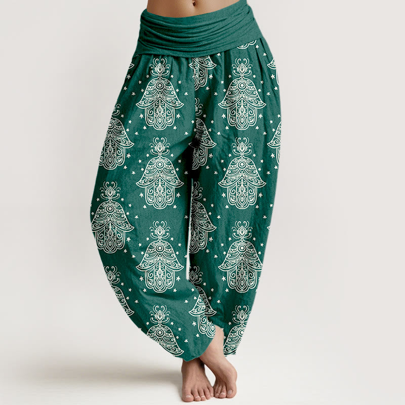 Buddha Stones Cotton Neatly Arranged Hamsa's Hand Pattern Women's Elastic Waist Harem Pants - SeaGreen - US16，UK/AU20，EU48 (3XL) - image 0