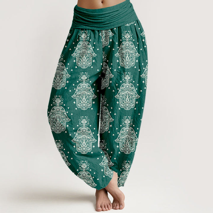 Buddha Stones Cotton Neatly Arranged Hamsa's Hand Pattern Women's Elastic Waist Harem Pants - SeaGreen - US16，UK/AU20，EU48 (3XL) - image 0
