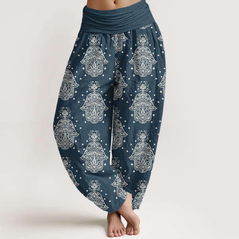 Buddha Stones Cotton Neatly Arranged Hamsa's Hand Pattern Women's Elastic Waist Harem Pants - SteelBlue - US16，UK/AU20，EU48 (3XL) - image 5