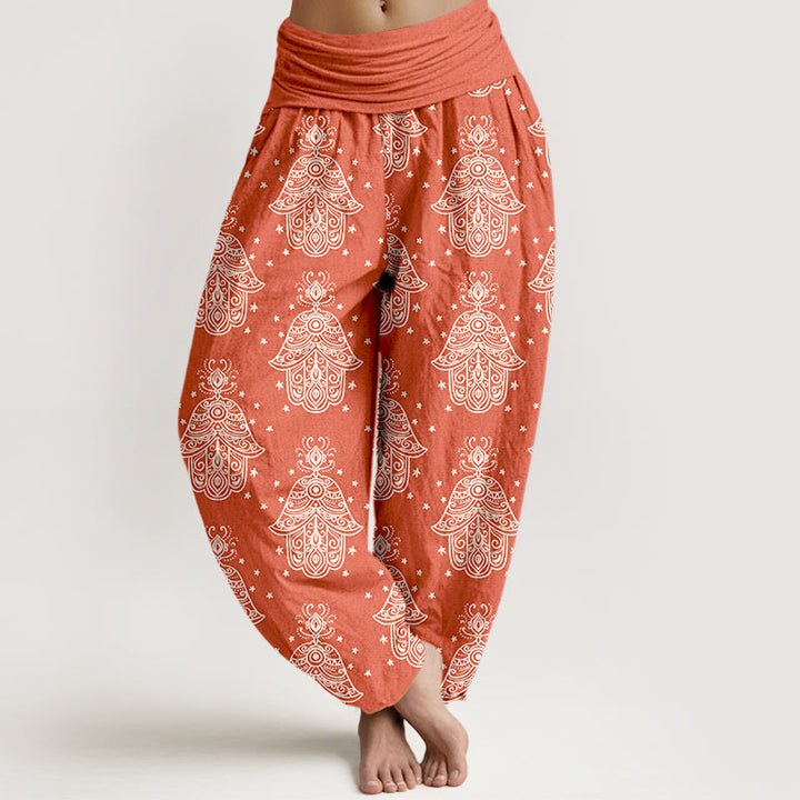 Buddha Stones Cotton Neatly Arranged Hamsa's Hand Pattern Women's Elastic Waist Harem Pants - Coral - US16，UK/AU20，EU48 (3XL) - image 8