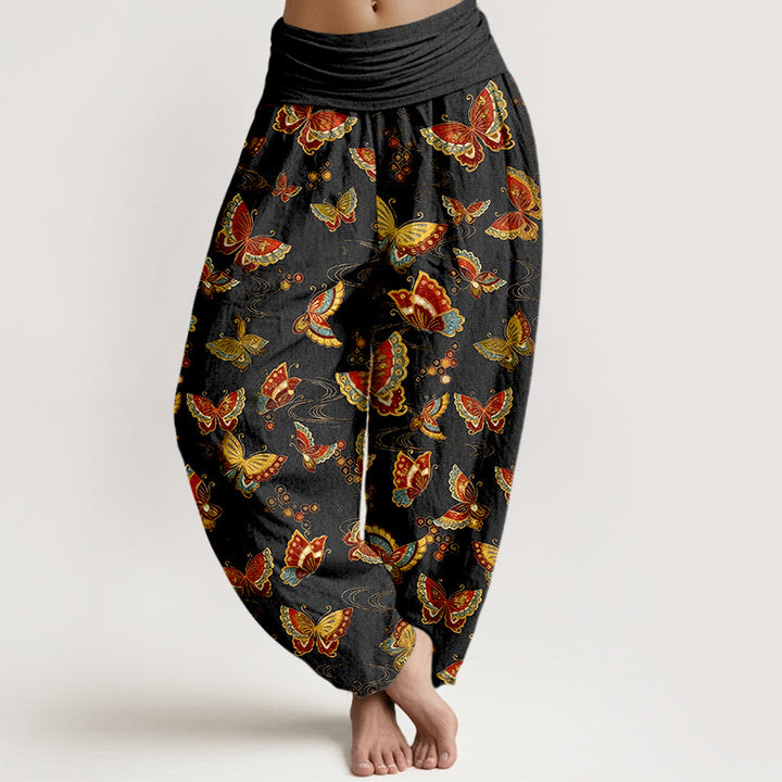 Buddha Stones Cotton Colorful Butterfly Pattern Women's Elastic Waist Harem Pants - Black - US16，UK/AU20，EU48 (3XL) - image 0