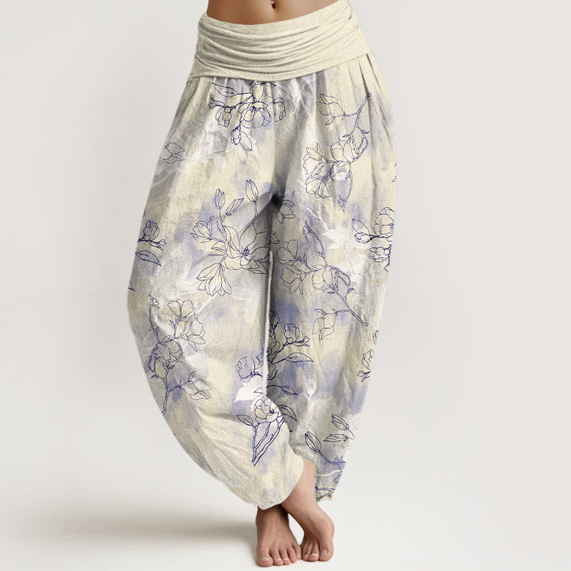 Buddha Stones Cotton Fresh Flower Bud Pattern Women's Elastic Waist Harem Pants - LightGoldenrodYellow - US16，UK/AU20，EU48 (3XL) - image 8