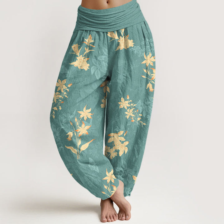 Buddha Stones Cotton Fresh Refined Flower Leaf Pattern Women's Elastic Waist Harem Pants - LightSeaGreen - US16，UK/AU20，EU48 (3XL) - image 5