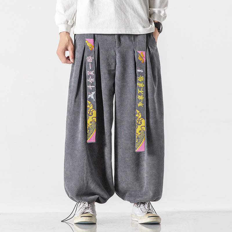 Buddha Stones Fall Winter Lace-up Chinese Character Embroidery Men's Corduroy Pants With Pockets - LightGrey - US/UK/AU46，EU56 (5XL) - image 5