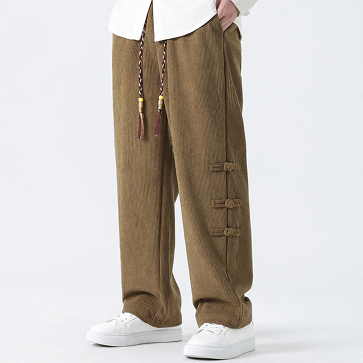 Buddha Stones Fall Solid Frog-Button Men's Drawstring Corduroy Straight Leg Pants With Pockets - image 6