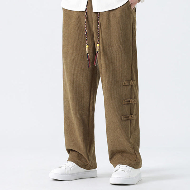 Buddha Stones Fall Solid Frog-Button Men's Drawstring Corduroy Straight Leg Pants With Pockets - image 2