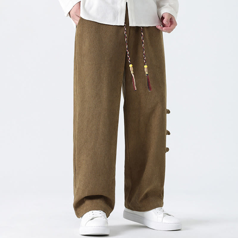 Buddha Stones Fall Solid Frog-Button Men's Drawstring Corduroy Straight Leg Pants With Pockets - image 1