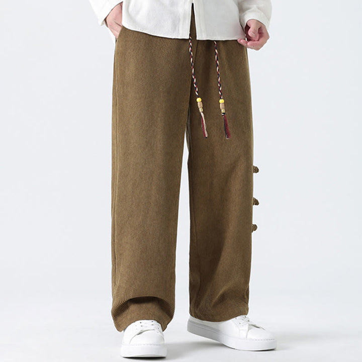 Buddha Stones Fall Solid Frog-Button Men's Drawstring Corduroy Straight Leg Pants With Pockets - image 1