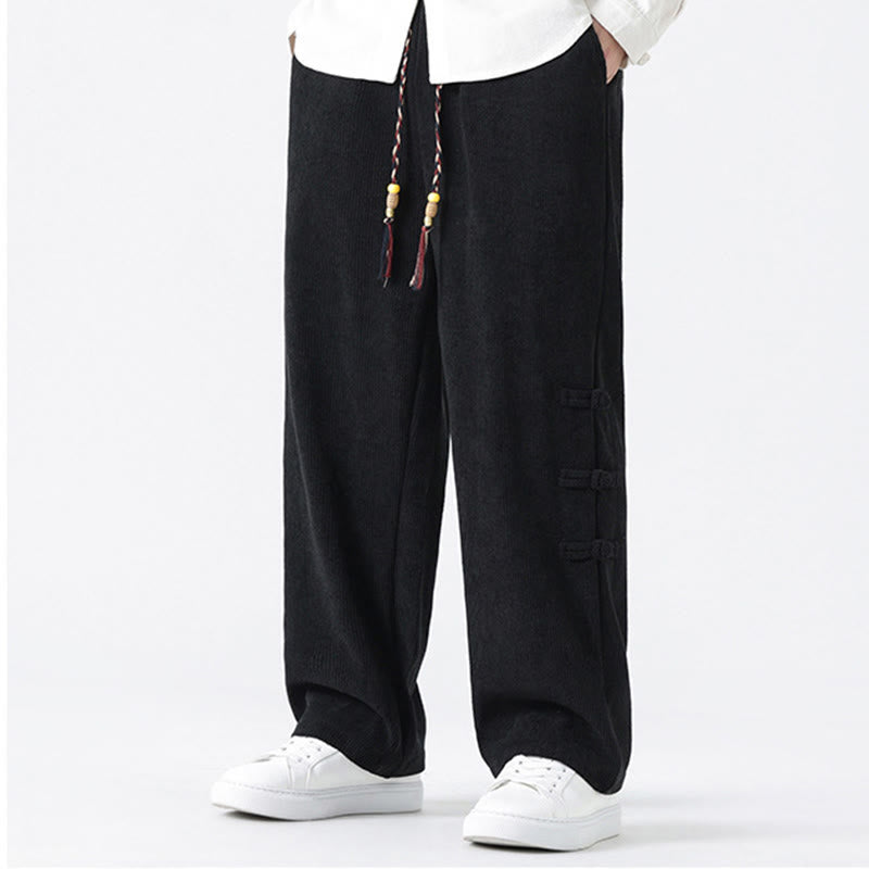 Buddha Stones Fall Solid Frog-Button Men's Drawstring Corduroy Straight Leg Pants With Pockets - image 13