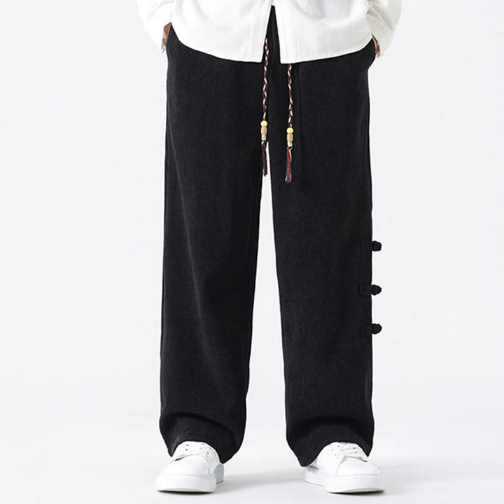 Buddha Stones Fall Solid Frog-Button Men's Drawstring Corduroy Straight Leg Pants With Pockets - Black - US/UK/AU46，EU56 (5XL) - image 12