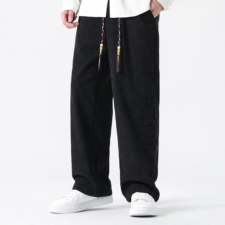 Buddha Stones Fall Solid Frog-Button Men's Drawstring Corduroy Straight Leg Pants With Pockets - image 18