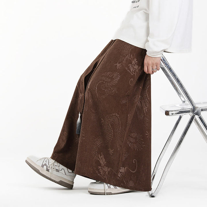 Buddha Stones Dragon Jacquard Drawstring Design Men's Corduroy Wide Leg Pants With Pockets - image 4