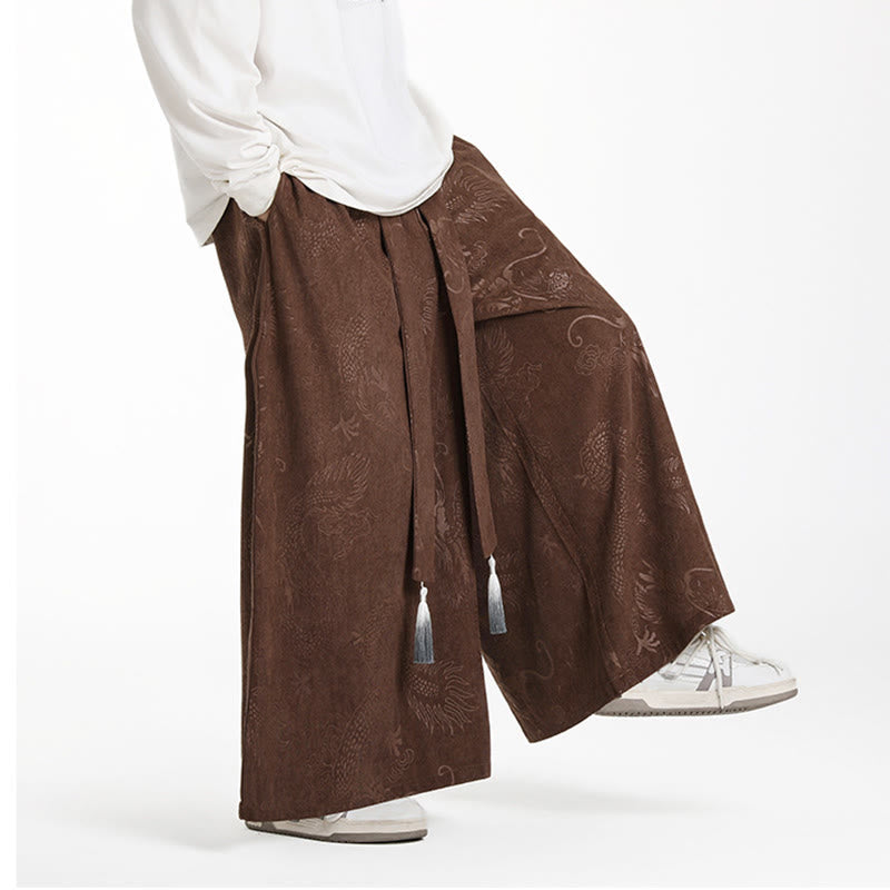 Buddha Stones Dragon Jacquard Drawstring Design Men's Corduroy Wide Leg Pants With Pockets - image 6