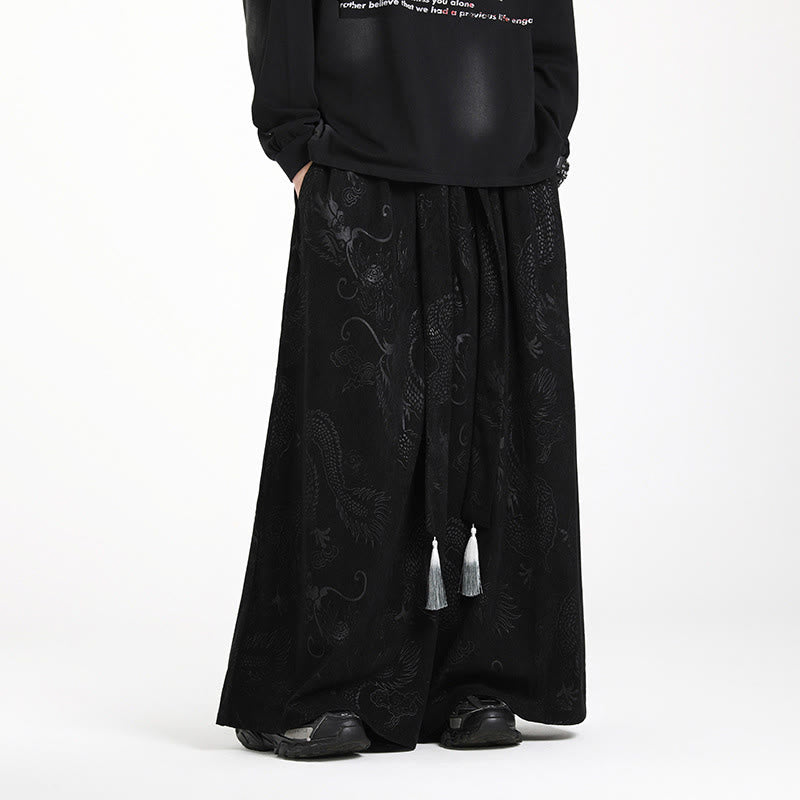 Buddha Stones Dragon Jacquard Drawstring Design Men's Corduroy Wide Leg Pants With Pockets - image 9