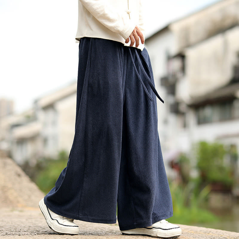 Buddha Stones Fall Solid Color Drawstring Design Men's Corduroy Wide Leg Pants With Pockets - SteelBlue - US/UK/AU46，EU56 (5XL) - image 0