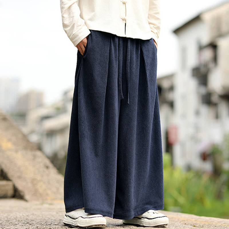 Buddha Stones Fall Solid Color Drawstring Design Men's Corduroy Wide Leg Pants With Pockets - image 1