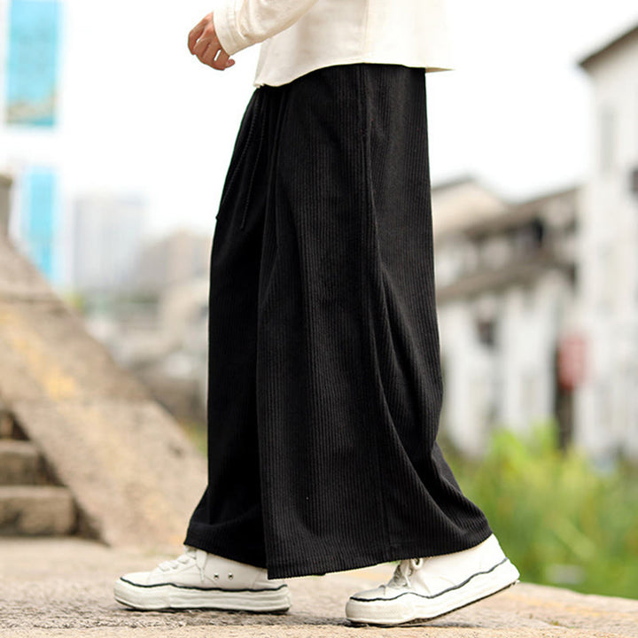 Buddha Stones Fall Solid Color Drawstring Design Men's Corduroy Wide Leg Pants With Pockets - image 10