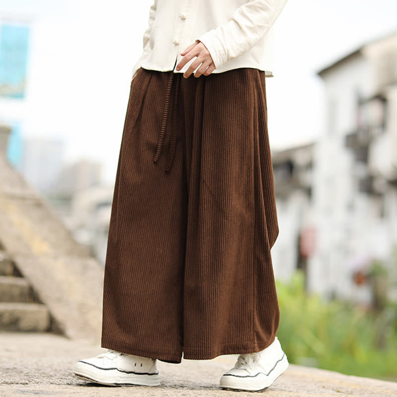 Buddha Stones Fall Solid Color Drawstring Design Men's Corduroy Wide Leg Pants With Pockets - image 16