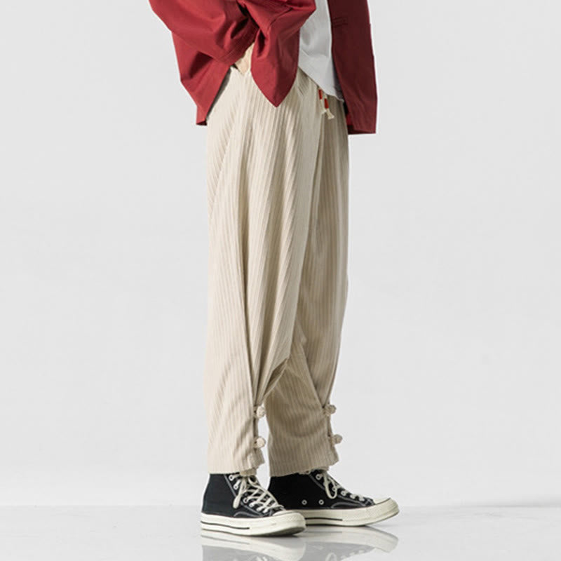 Buddha Stones Fall Winter Men's Pure Color Button Design Cotton Straight Leg Pants With Pockets - image 18