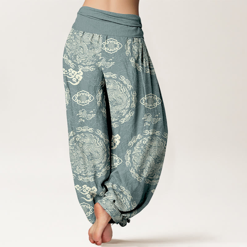 Buddha Stones Cotton Light Color Dragon Cloud Pattern Women's Elastic Waist Harem Pants - image 1