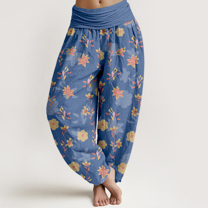 Buddha Stones Cotton Simple Refreshing Flower Leaf Pattern Women's Elastic Waist Harem Pants - SteelBlue - US16，UK/AU20，EU48 (3XL) - image 5