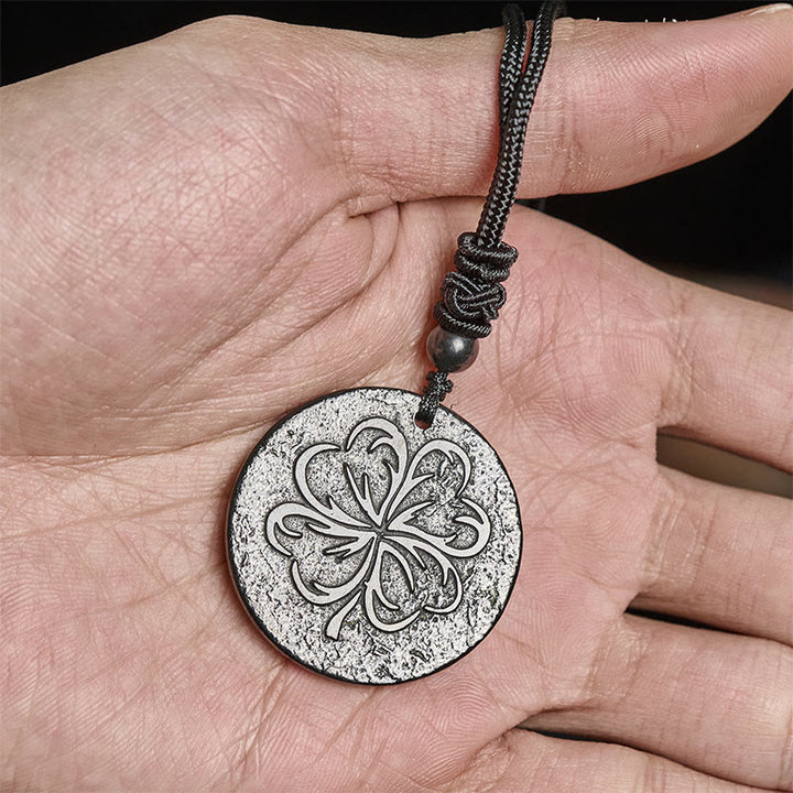 Buddha Stones Four Leaf Clover Authentic Shungite Stone Graphite Stone Protection Necklace Pendant - image 5