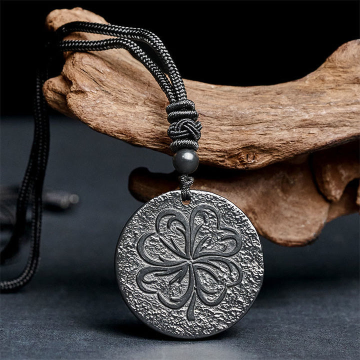 Buddha Stones Four Leaf Clover Authentic Shungite Stone Graphite Stone Protection Necklace Pendant - image 2