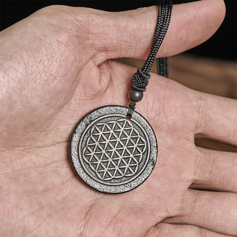 Buddha Stones Flower of Life Carving Design Authentic Shungite Stone Protection Necklace Pendant - image 5