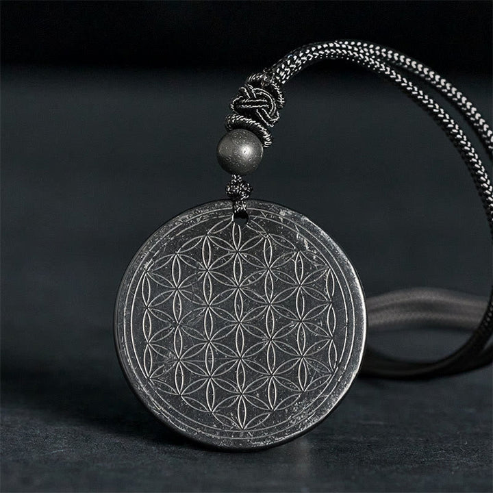 Buddha Stones Flower of Life Carving Design Authentic Shungite Stone Protection Necklace Pendant - Flower of Life(Intaglio Carving) - 35-40mm - image 9