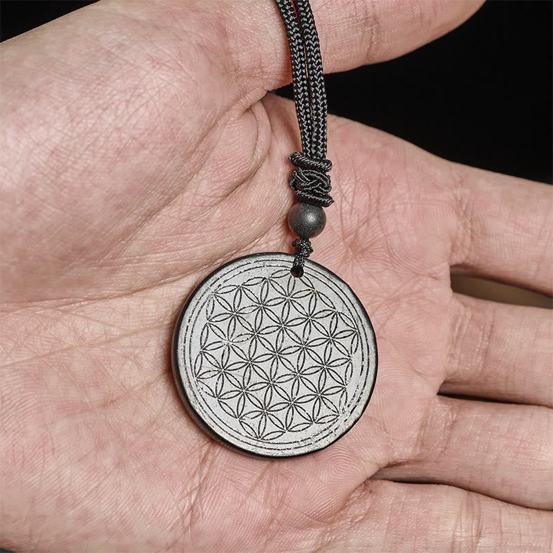 Buddha Stones Flower of Life Carving Design Authentic Shungite Stone Protection Necklace Pendant - image 12