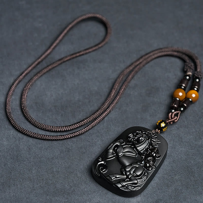 Buddha Stones Year of the Horse Monkey Pattern Om Mani Padme Hum Black Obsidian Strength Necklace Pendant - image 6