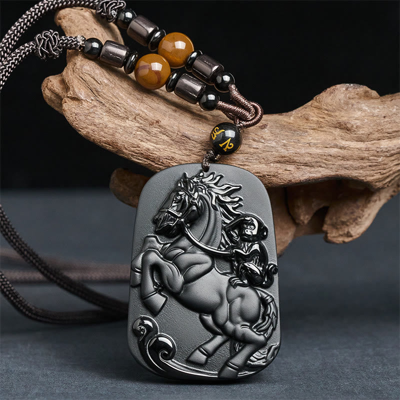 Buddha Stones Year of the Horse Monkey Pattern Om Mani Padme Hum Black Obsidian Strength Necklace Pendant - image 1