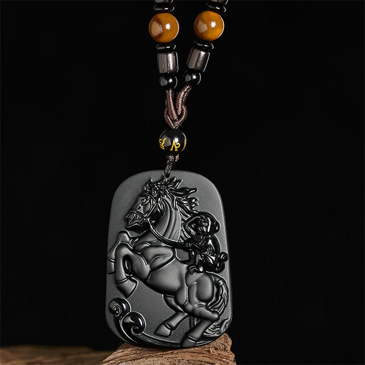 Buddha Stones Year of the Horse Monkey Pattern Om Mani Padme Hum Black Obsidian Strength Necklace Pendant - image 2