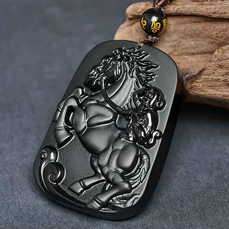 Buddha Stones Year of the Horse Monkey Pattern Om Mani Padme Hum Black Obsidian Strength Necklace Pendant - image 3