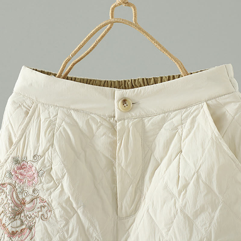 Buddha Stones Pink Flower Rhombus Pattern Cotton Thick Women's Pants With Pockets - image 3