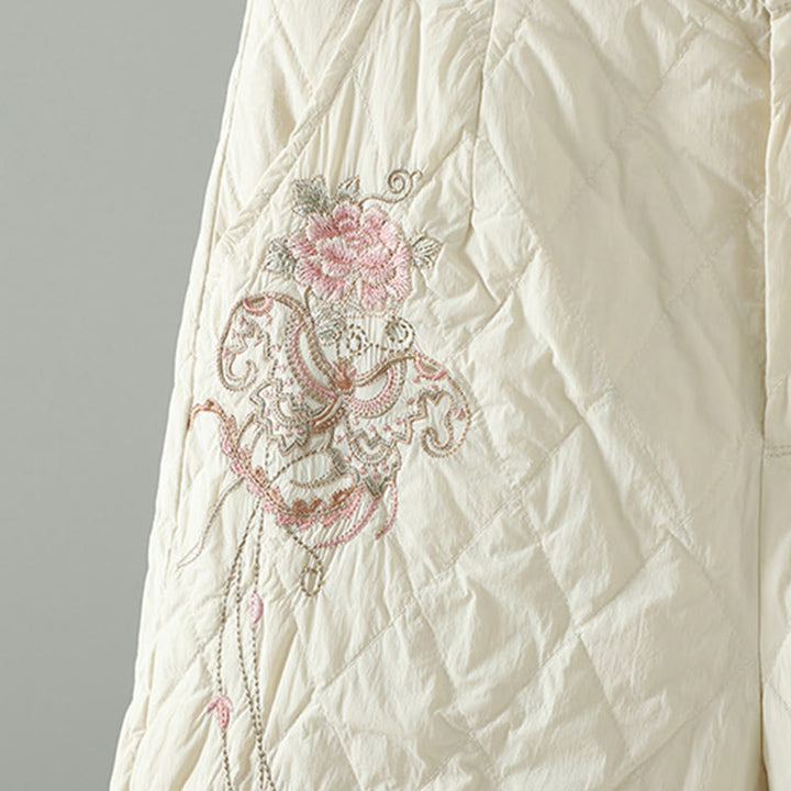 Buddha Stones Pink Flower Rhombus Pattern Cotton Thick Women's Pants With Pockets - image 5