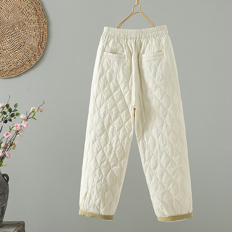 Buddha Stones Pink Flower Rhombus Pattern Cotton Thick Women's Pants With Pockets - image 2